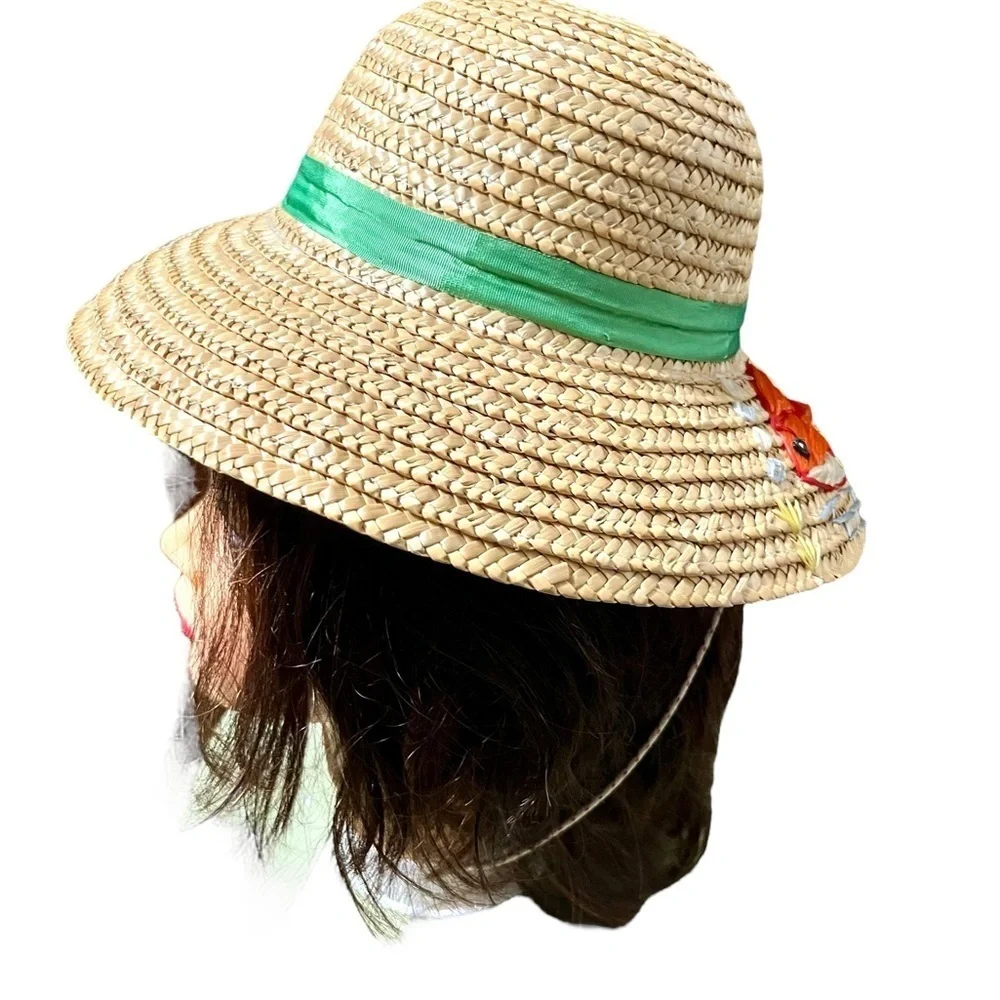 Straw Hat With Fish Embroidery Girls